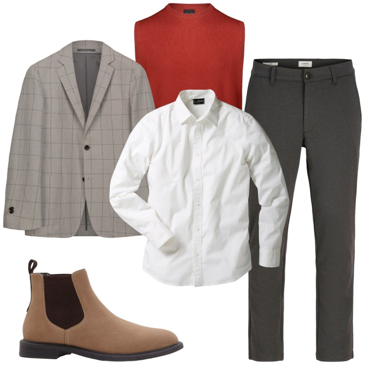 Outfit uomo - Tono su tono autunnale. Stile Casual per Ufficio. Abbinamento con camicie, stivali e stivaletti, pantaloni chino, gilet, giacche.