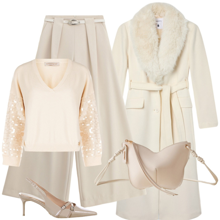 Outfit donna - Total look #2273571. Stile Chic per Serata fuori. Abbinamento con cappotti, maglieria, décolleté, pantaloni a palazzo, borse a tracolla.