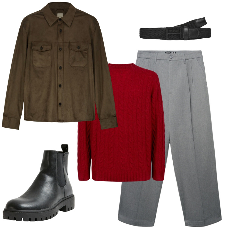 Outfit uomo - Tono su tono autunnale. Stile Casual per Tutti i giorni. Abbinamento con stivali e stivaletti, cinture, pantaloni, maglieria, giacche.