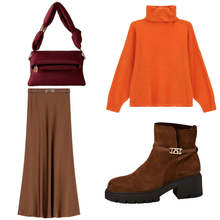 Outfit donna - Colorata in ufficio. Stile Casual chic per Ufficio. Abbinamento con stivaletti, gonne lunghe, maglieria, borse a tracolla.