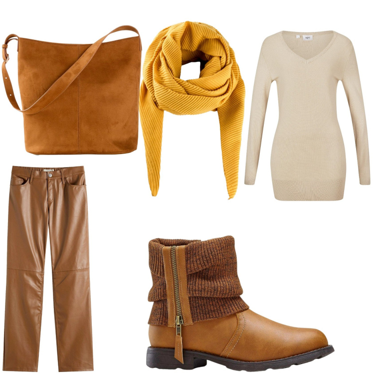 Outfit donna - Un tocco di senape. Stile Basic per Tutti i giorni. Abbinamento con maglieria, foulard, stivaletti, pantaloni, borse a mano.