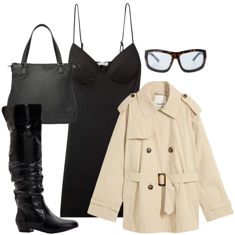 Outfit donna - Miss trench. Stile Chic per Tutti i giorni. Abbinamento con stivali sopra il ginocchio, trench, vestiti corti, shopping bag, occhiali da sole.