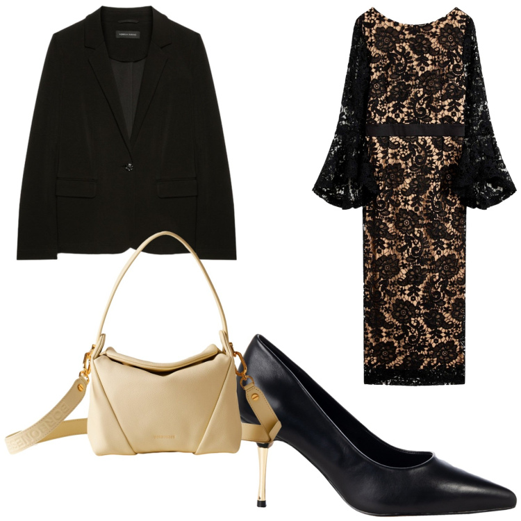 Outfit donna - Raffinata in pizzo. Stile Romantica per Serata fuori. Abbinamento con vestiti, décolleté, borse a spalla, blazer.