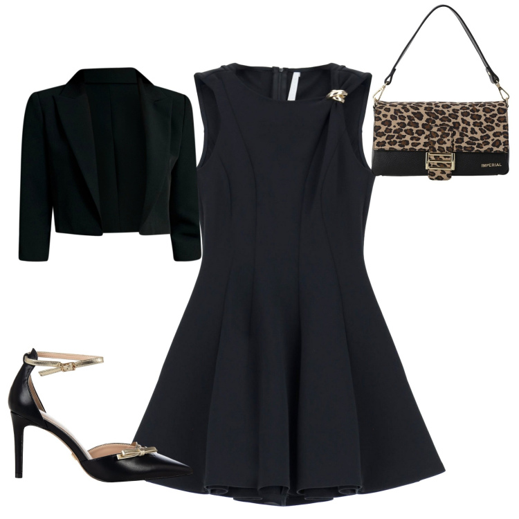 Outfit donna - Serata Chic. Stile Chic per Serata fuori. Abbinamento con décolleté, bolero, borse a spalla, vestiti corti.