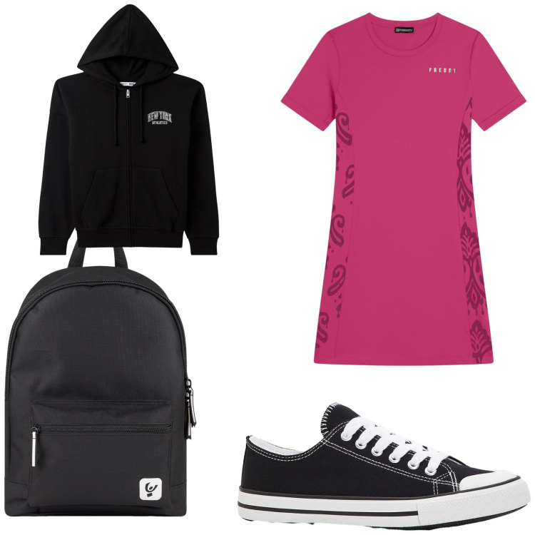 Outfit donna - L\'abito sportivo Freddy. Stile Sporty chic per Sport. Abbinamento con sneakers, felpe con cappuccio, vestiti midi/longuette, zaini.