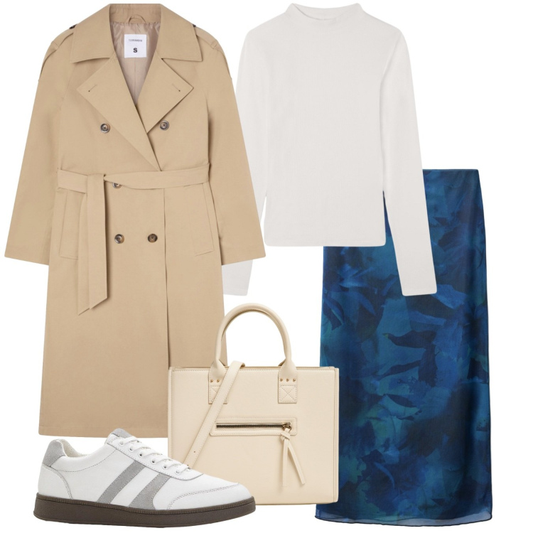 Outfit donna - Shopping. Stile Trendy per Tutti i giorni. Abbinamento con sneakers, shopping bag, gonne lunghe, trench, t-shirt.