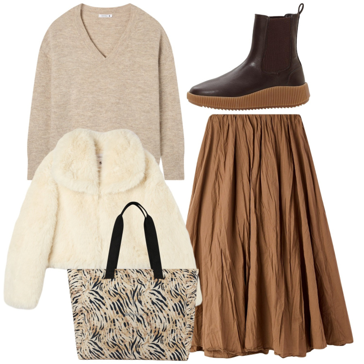 Outfit donna - Total look romantico. Stile Romantica per Tutti i giorni. Abbinamento con stivaletti chelsea, gonne lunghe, maglieria, ecopellicce, shopping bag.