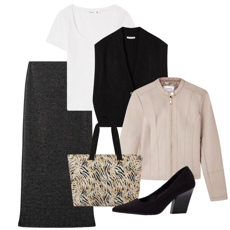 Outfit donna - Ottobre. Stile Urban per Ufficio. Abbinamento con décolleté, gonne lunghe, giacche, maglieria, t-shirt, shopping bag.