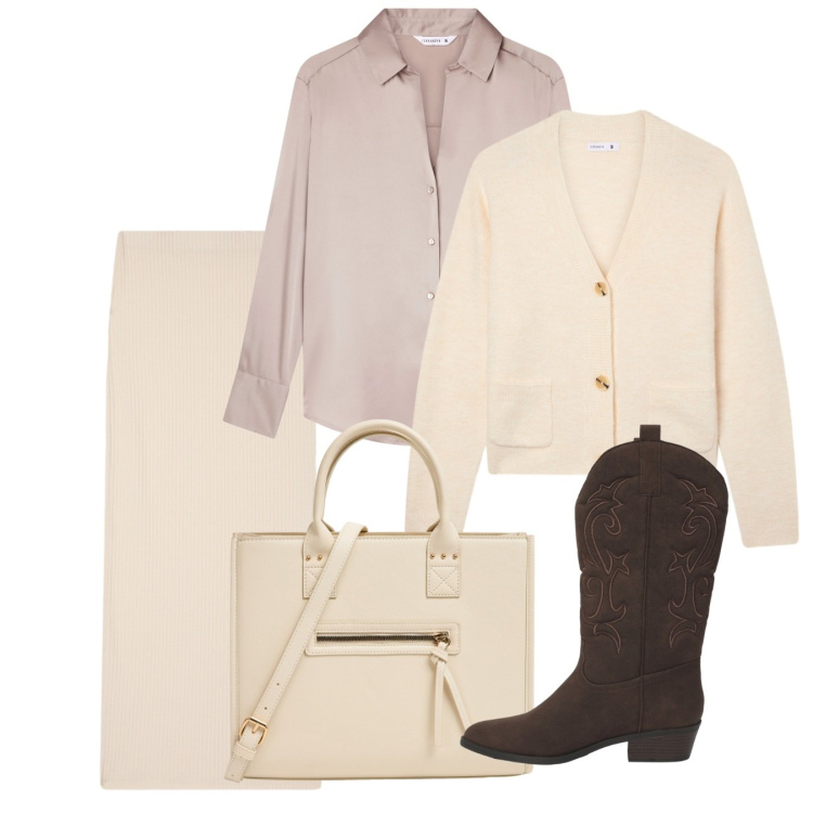 Outfit donna - Ottobre. Stile Chic per Tutti i giorni. Abbinamento con gonne lunghe, cardigans, shopping bag, camicie, stivaletti texani.