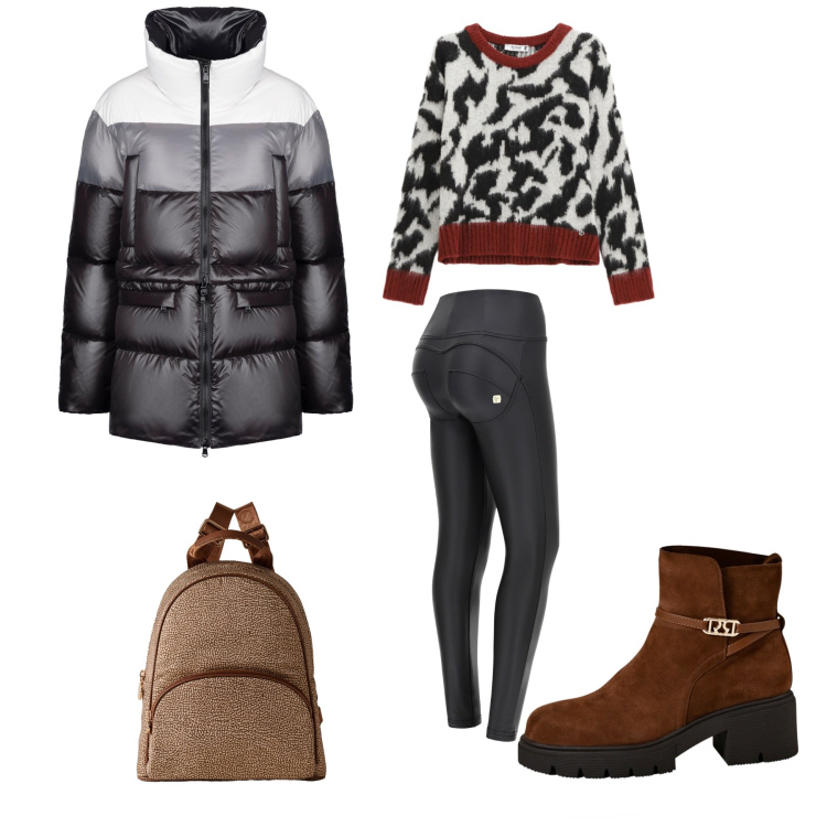 Outfit donna - Tempo libero. Stile Sporty chic per Tutti i giorni. Abbinamento con stivaletti, pullovers, pantaloni skinny, piumini, zaini.