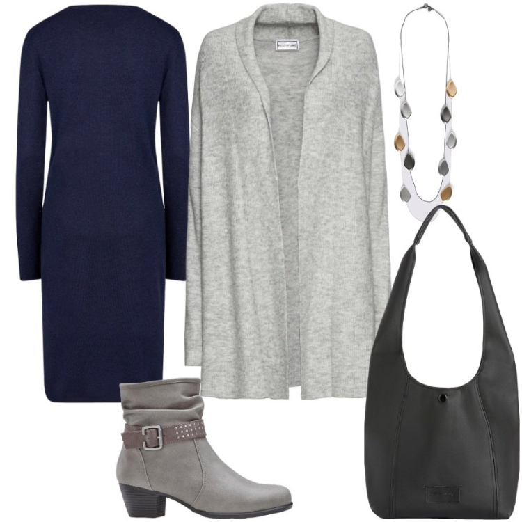 Outfit donna - Il cardigan caldo. Stile Casual chic per Tutti i giorni. Abbinamento con stivaletti, cardigans, borse a spalla, vestiti midi/longuette, collane.