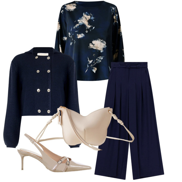 Outfit donna - Aperitivo in centro. Stile Bon Ton per Serata fuori. Abbinamento con blazer, bluse, décolleté, pantaloni a palazzo, borse a tracolla.