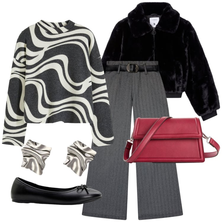 Outfit donna - Total look #2273603. Stile Glamour per Serata fuori. Abbinamento con maglieria, borse a tracolla, ballerine, pantaloni, ecopellicce, orecchini.