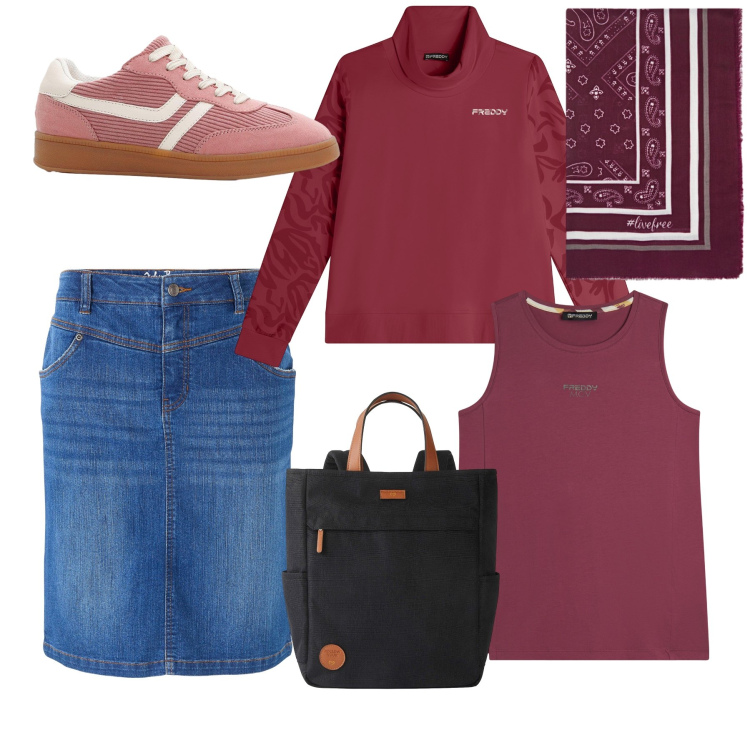 Outfit donna - Gonna jeans d autunno. Stile Casual per Tutti i giorni. Abbinamento con gonne, zaini, sneakers, felpe, canottiere, foulard.