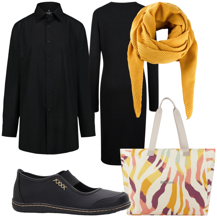 Outfit donna - Yellow. Stile Basic per Ufficio. Abbinamento con ballerine, foulard, shopping bag, vestiti midi/longuette, camicie.