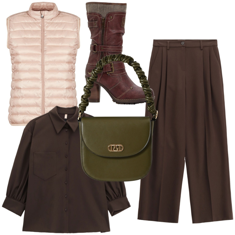 Outfit donna - Appuntamento in centro. Stile Urban per Tutti i giorni. Abbinamento con stivali, piumini, borse a mano, pantaloni a palazzo, camicie.