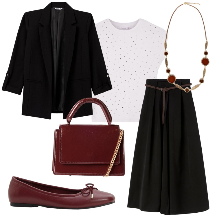 Outfit donna - Total look #2273610. Stile Chic per Ufficio. Abbinamento con ballerine, blazer, borse a tracolla, t-shirt, pantaloni, collane.