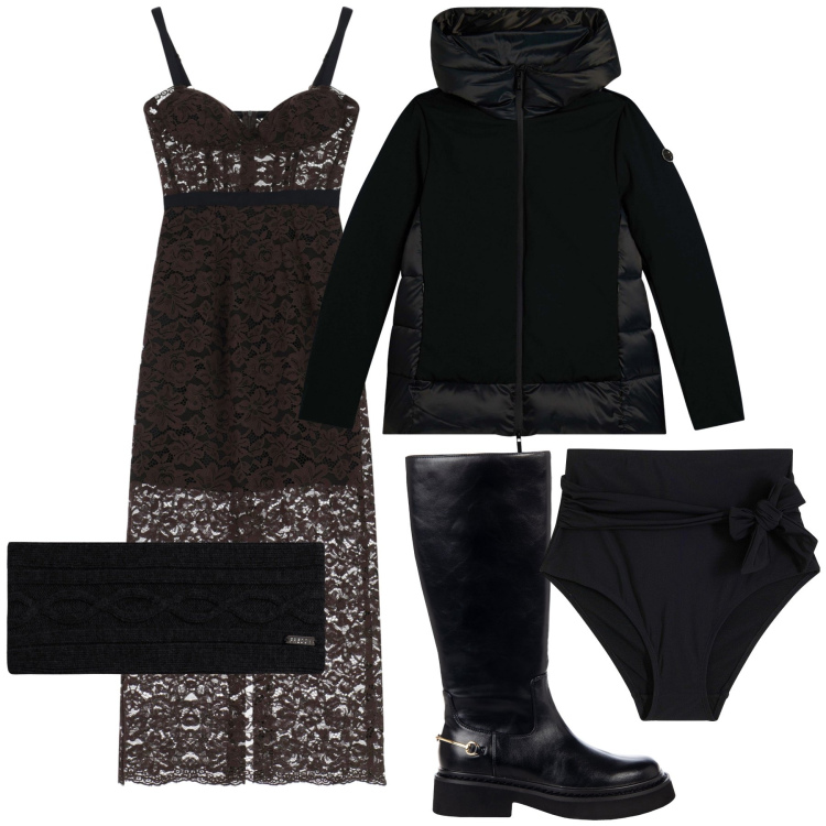 Outfit donna - Sexy pur in stivali e piumino. Stile Glamour per Serata fuori. Abbinamento con culotte, stivali sopra il ginocchio, vestiti midi/longuette, fasce per capelli, piumini.