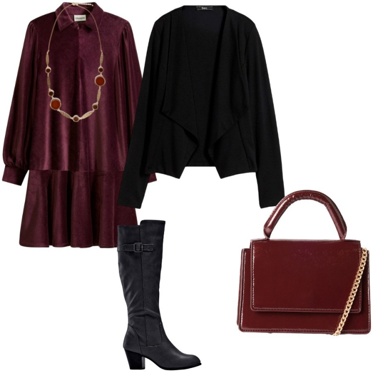 Outfit donna - Borgogna. Stile Casual chic per Serata fuori. Abbinamento con vestiti corti, blazer, stivali, borse a tracolla, collane.