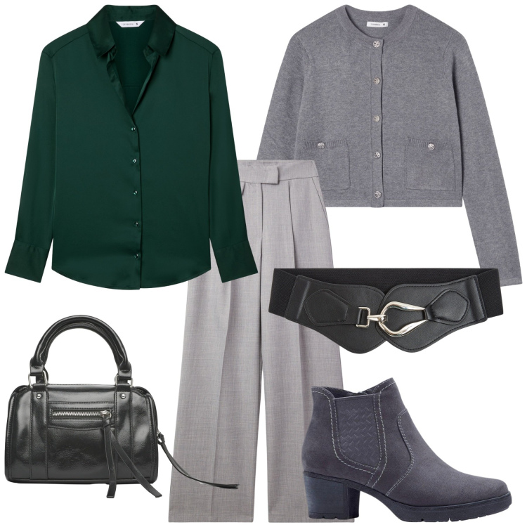 Outfit donna - Total look #2273614. Stile Minimal per Ufficio. Abbinamento con stivaletti, cinture, pantaloni, borse a mano, camicie, cardigans.