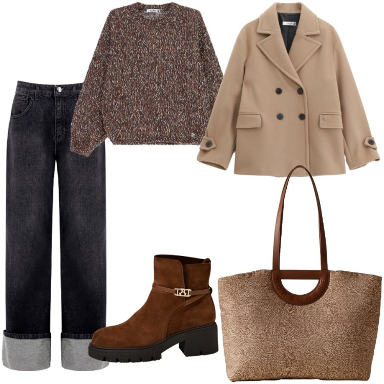 Outfit donna - Chic con capi casual. Stile Casual chic per Scuola/Università. Abbinamento con jeans, stivaletti, cappotti, maglieria, shopping bag.