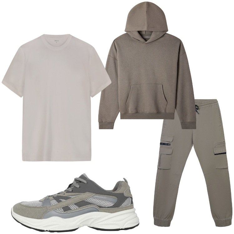 Outfit uomo - Sportivo. Stile Casual per Sport. Abbinamento con pantaloni cargo, sneakers, felpe con cappuccio, t-shirt.