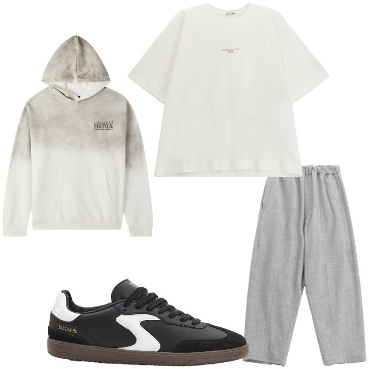 Outfit uomo - Relax. Stile Casual per Sport. Abbinamento con sneakers, felpe con cappuccio, pantaloni, t-shirt.