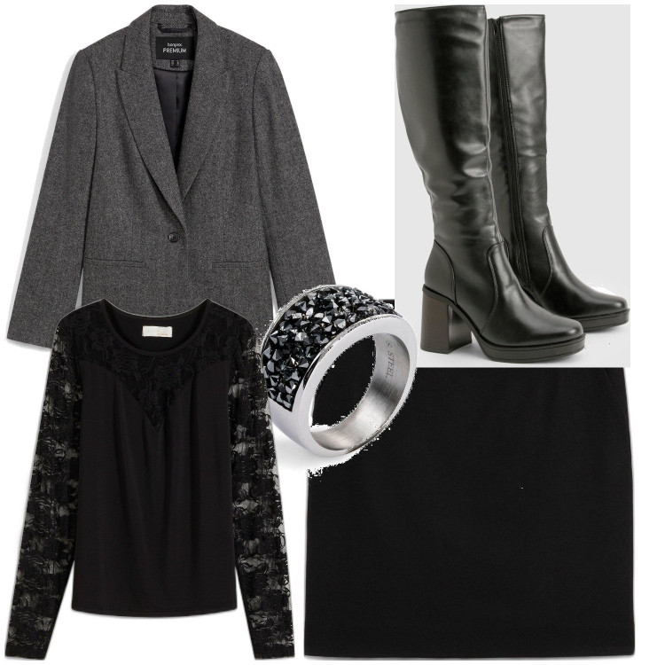 Outfit femme - Octobre. Style Casual chic pour Tous les jours. Assortir avec bagues, t-shirts, blazers, jupes, bottes.