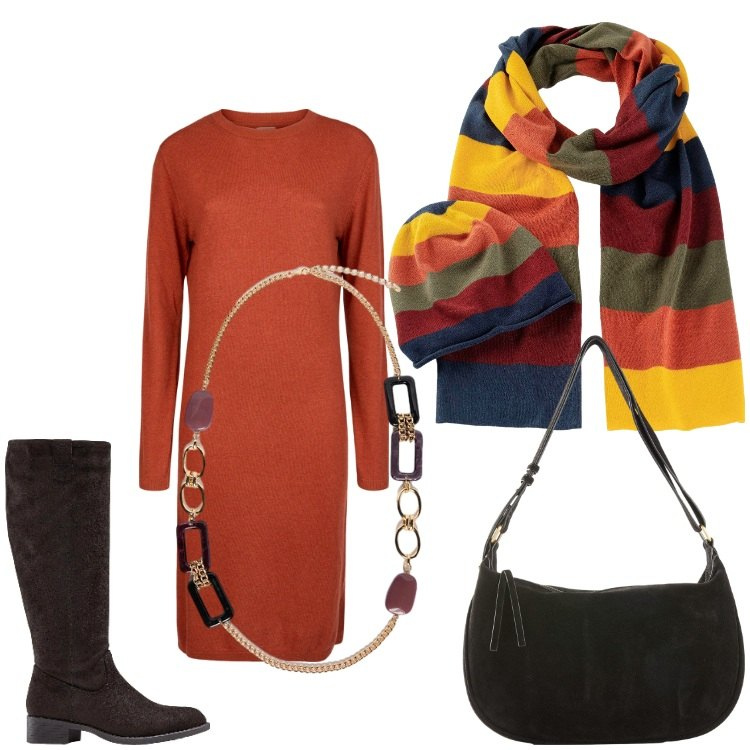 Outfit donna - Coloratissima. Stile Casual chic per Tutti i giorni. Abbinamento con stivali, sciarpe, borse a mano, vestiti midi/longuette, collane.