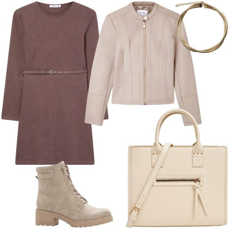 Outfit donna - A lavorare. Stile Casual chic per Ufficio. Abbinamento con stivaletti, shopping bag, giacche, vestiti midi/longuette, collane.