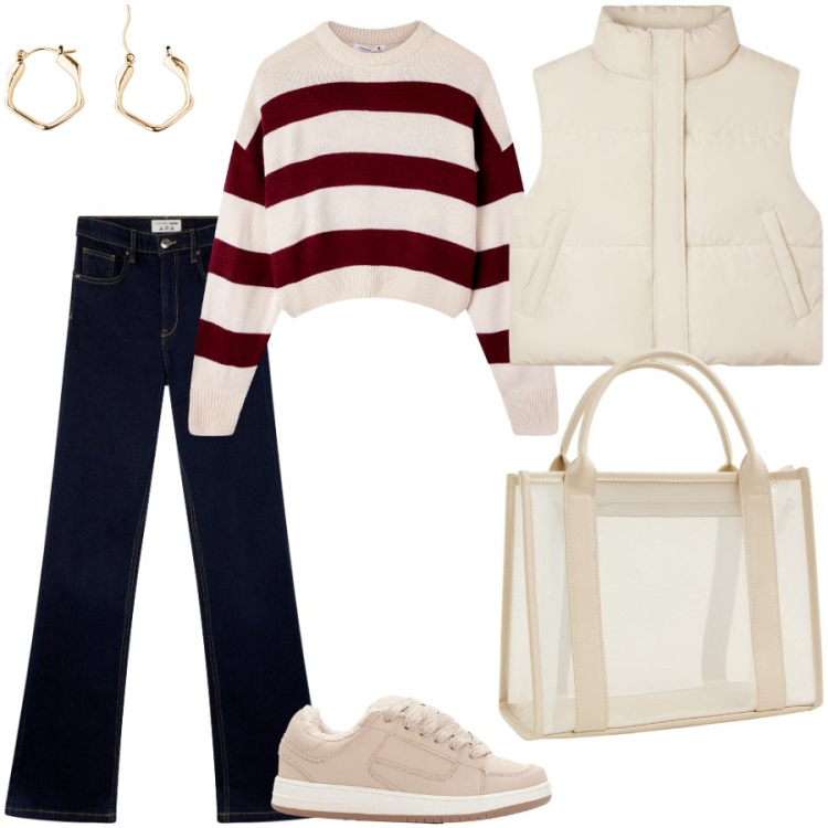Outfit donna - Il trend righe. Stile Casual chic per Scuola/Università. Abbinamento con sneakers, orecchini, piumini, maglieria, jeans a zampa, borse tote.