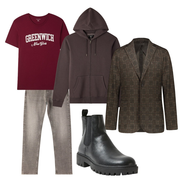 Outfit uomo - Autunno In armonia. Stile Casual per Ufficio. Abbinamento con stivali e stivaletti, jeans, felpe con cappuccio, t-shirt, giacche.