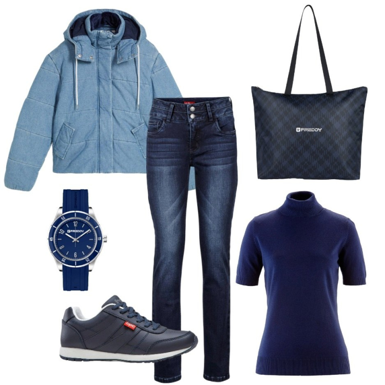 Outfit donna - Passeggiata con amici. Stile Casual per Tutti i giorni. Abbinamento con giacche, maglieria, jeans, sneakers, orologi, shopping bag.