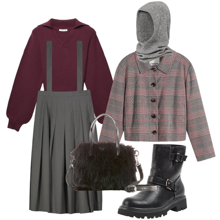 Outfit donna - Trendy mix. Stile Urban per Ufficio. Abbinamento con gonne lunghe, stivaletti, maglieria, borse a mano, cappotti, cappelli e berretti.