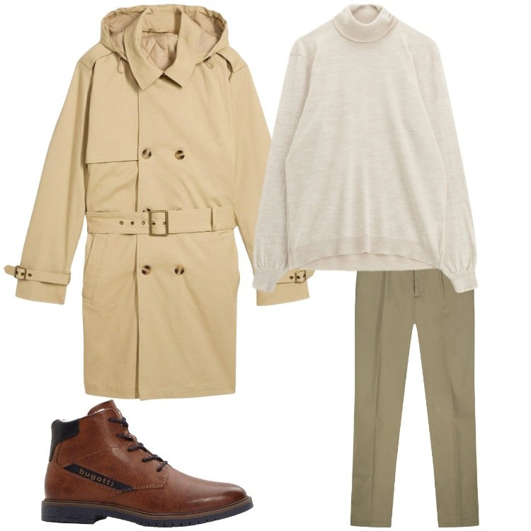 Outfit uomo - Scende la pioggia. Stile Business/Elegante per Ufficio. Abbinamento con trench, stivali e stivaletti, maglieria, pantaloni.