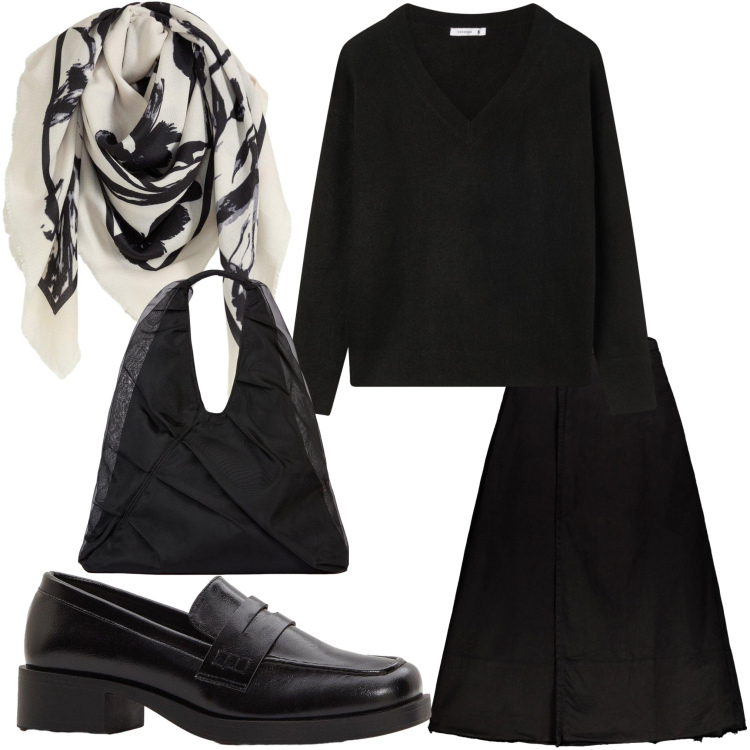 Outfit donna - Fiori in ufficio. Stile Chic per Ufficio. Abbinamento con foulard, mocassini, maglieria, gonne lunghe, shopping bag.