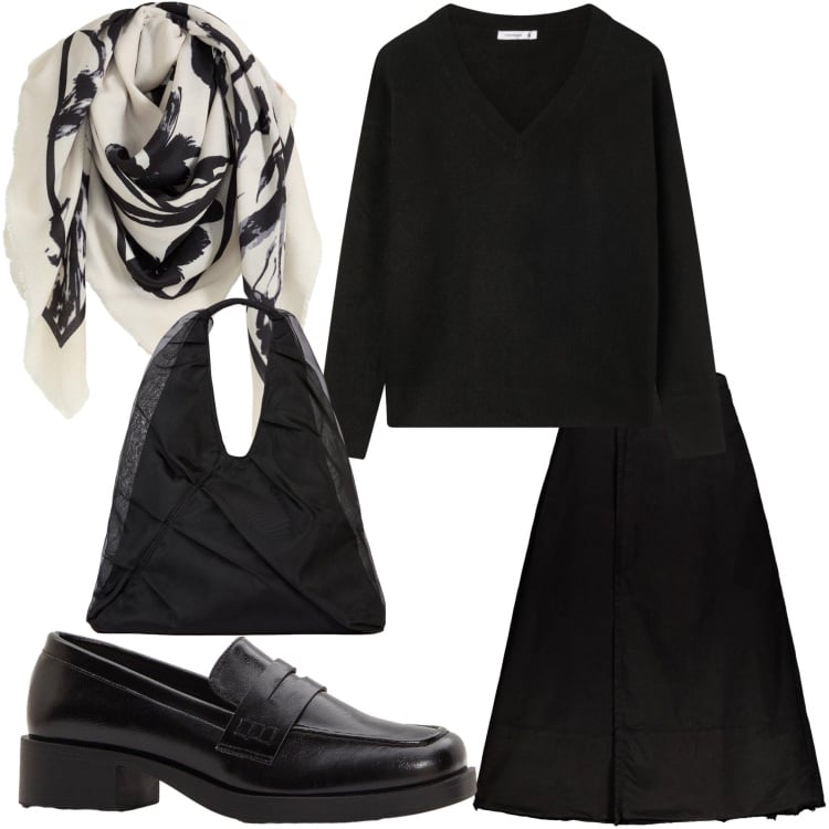 Outfit donna - Fiori in ufficio. Stile Chic per Ufficio. Abbinamento con foulard, mocassini, maglieria, gonne lunghe, shopping bag.