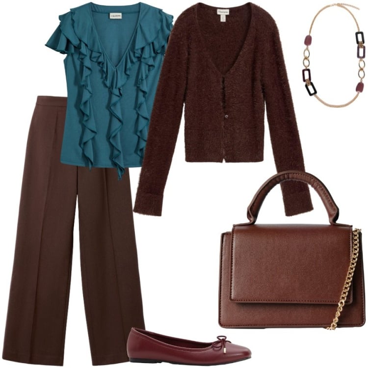Outfit donna - Marrone e ottanio. Stile Casual chic per Ufficio. Abbinamento con bluse, cardigans, ballerine, pantaloni, borse a tracolla, collane.
