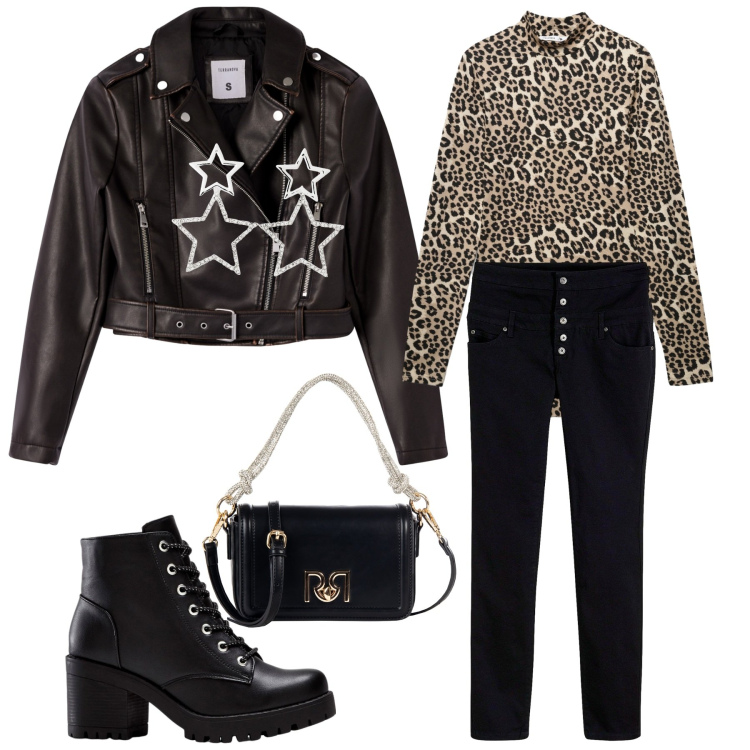 Outfit donna - Aggressive con stile. Stile Urban per Serata fuori. Abbinamento con pantaloni skinny, stivaletti, orecchini, giacche, body, borse a mano.