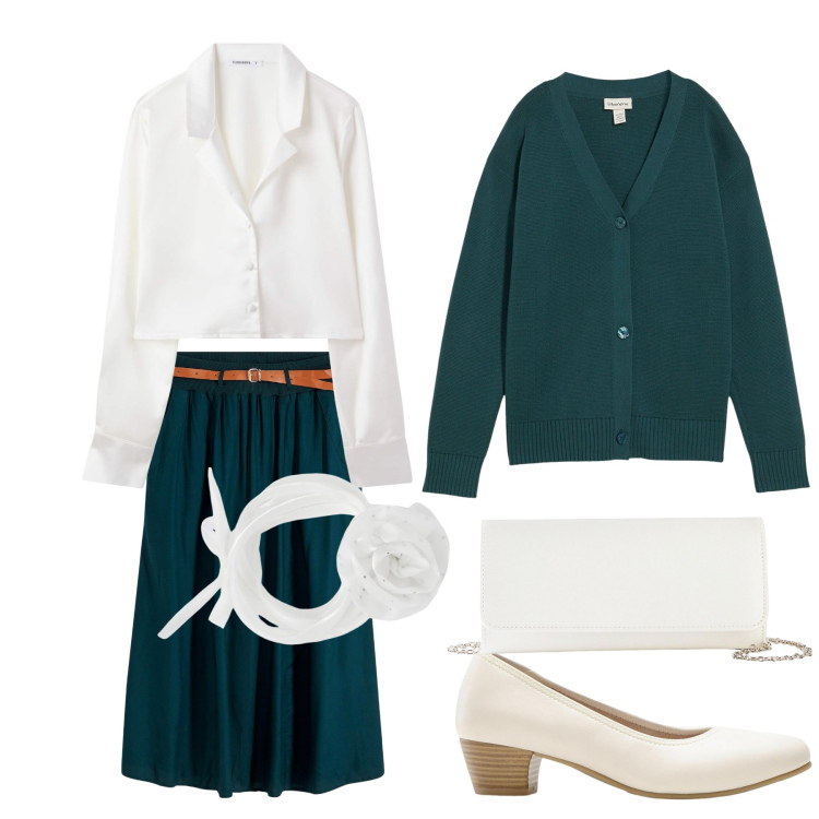Outfit donna - Te time. Stile Chic per Tutti i giorni. Abbinamento con gonne lunghe, décolleté, pochette, cardigans, collane, camicie.