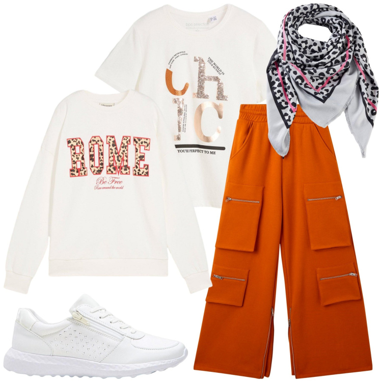 Outfit donna - Total look #2273661. Stile Sporty chic per Sport. Abbinamento con felpe, sneakers, foulard, t-shirt, pantaloni.