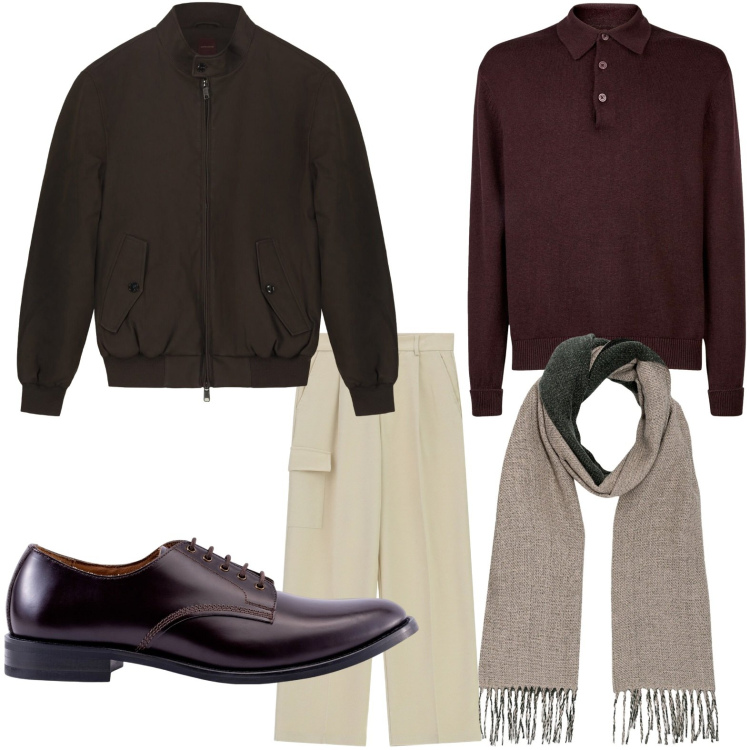 Outfit uomo - Capi funzionali. Stile Casual per Tutti i giorni. Abbinamento con pantaloni cargo, scarpe stringate, sciarpe, polo, bomber.