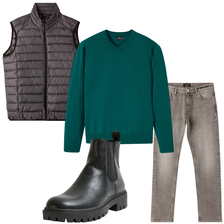 Outfit uomo - Il verde audace. Stile Trendy per Tutti i giorni. Abbinamento con maglieria, stivali e stivaletti, jeans, piumini.