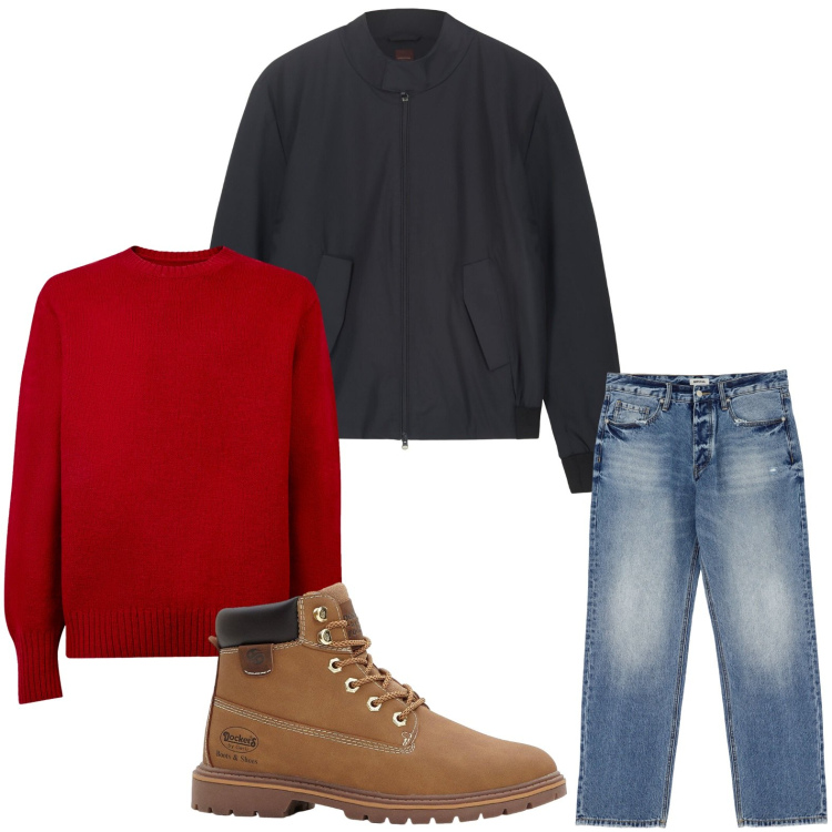 Outfit uomo - Ritorno all\'essenziale. Stile Casual per Tutti i giorni. Abbinamento con stivali e stivaletti, jeans, maglieria, bomber.