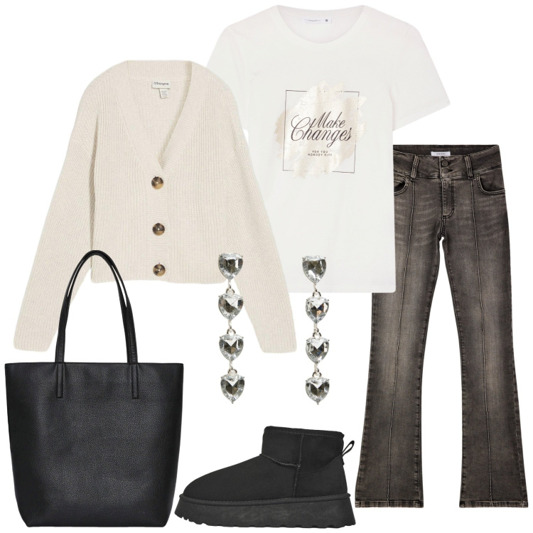 Outfit donna - Total look #2273666. Stile Minimal per Scuola/Università. Abbinamento con cardigans, orecchini, borse tote, t-shirt, stivaletti, jeans.