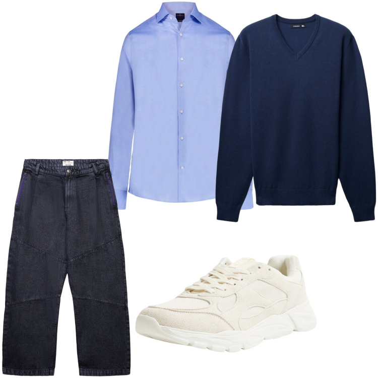 Outfit uomo - Stile disinvolto. Stile Casual per Tutti i giorni. Abbinamento con sneakers, maglieria, jeans dritti, camicie.