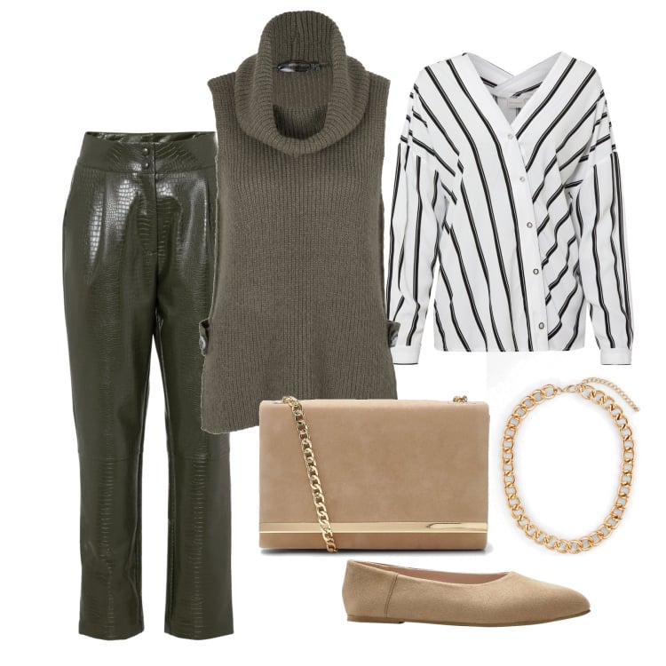 Outfit femme - Octobre. Style Casual chic pour Bureau. Assortir avec tuniques, pulls, colliers, pantalon , ballerines, pochette.