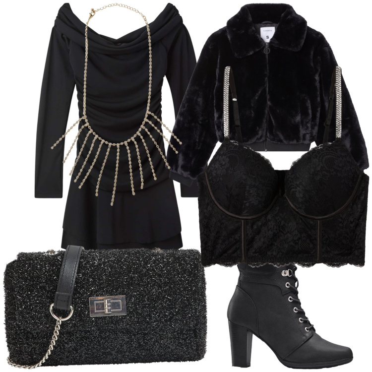 Outfit donna - Tremate le sexy streghe son tornate. Stile Glamour per Serata fuori. Abbinamento con stivaletti, collane, borse a tracolla, bralette, ecopellicce, vestiti corti.