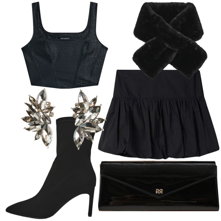 Outfit donna - Strega streghetta. Stile Trendy per Serata fuori. Abbinamento con orecchini, stivali, sciarpe, minigonne, pochette, top.