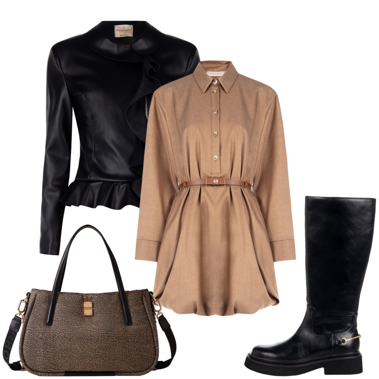 Outfit donna - Beige e nero. Stile Glamour per Tutti i giorni. Abbinamento con shopping bag, blazer, vestiti chemisier, stivali sopra il ginocchio.